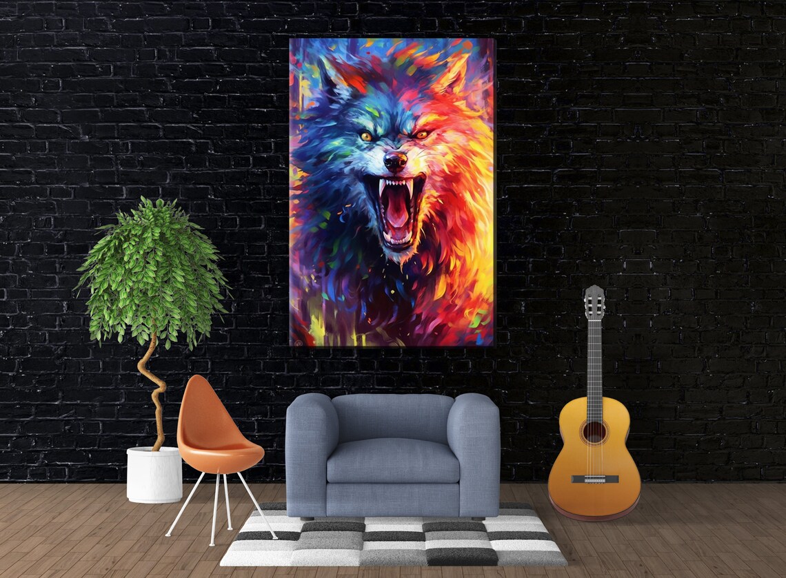 Snarling Wolf Split Blue Orange Pop Art Fangs Bared Bold Painting Print - Image 3