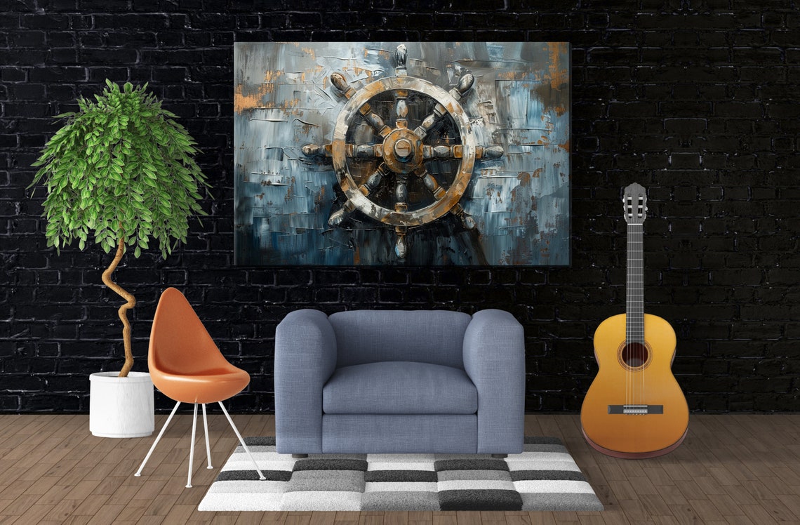 Antique Ships Wheel Blue Gray Gold Impasto Nautical Maritime Poster - Image 3