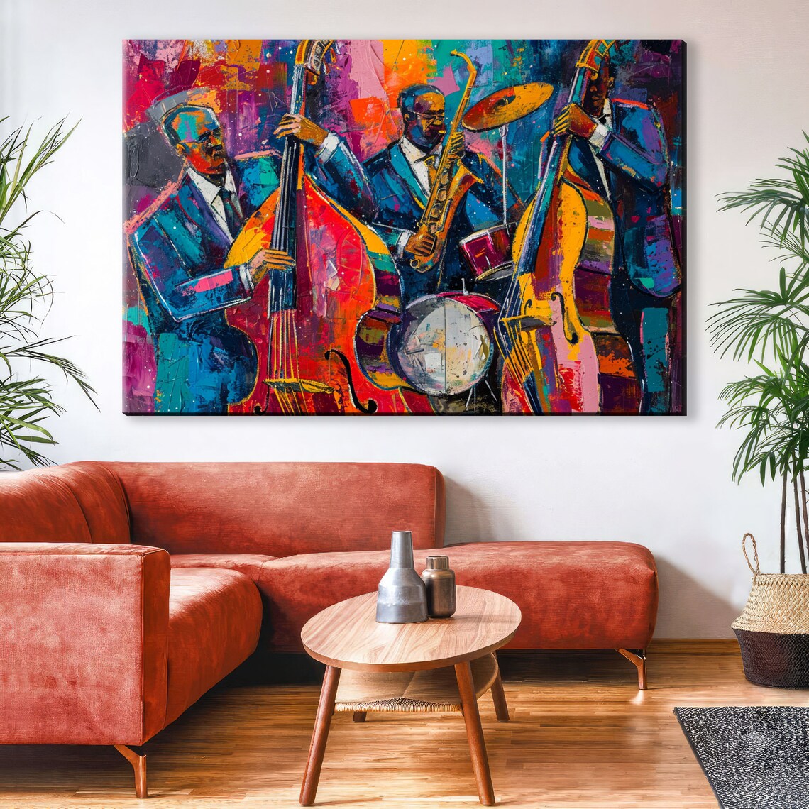 Energetic Jazz Trio Double Bass Saxophone Drums Colorful Music Art Poster - Image 2