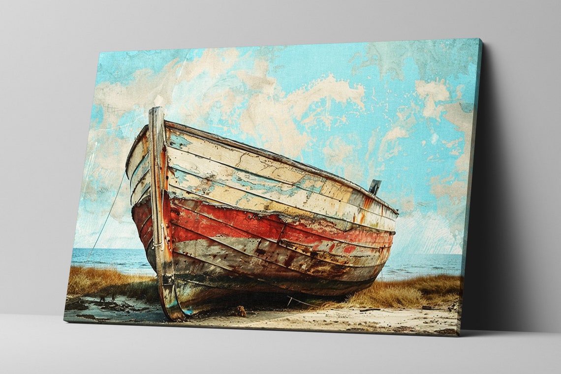 Vintage Red White Weathered Wooden Boat Beached Shore Nautical Poster - Image 5