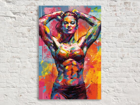 Colorful Fitness Woman Pop Art Athletic Figure Neon Graffiti Poster