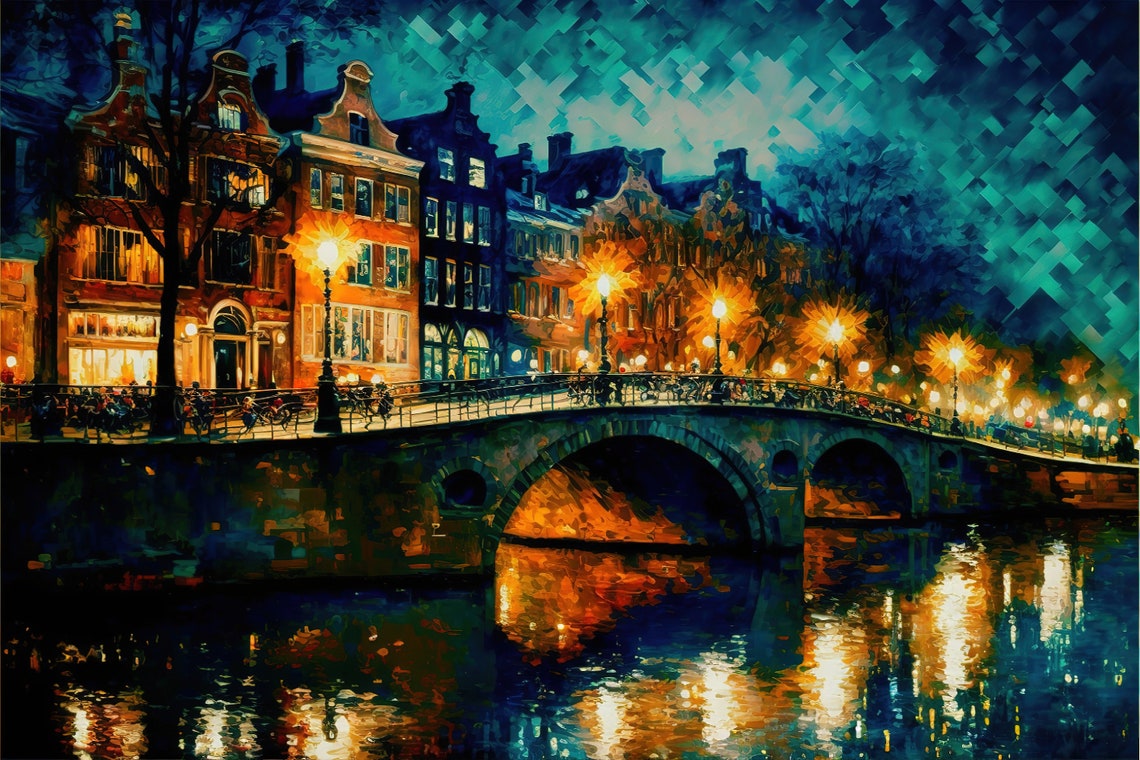 Amsterdam Canal Night Bridge Bikes Golden Lights Old Town Poster - Image 5