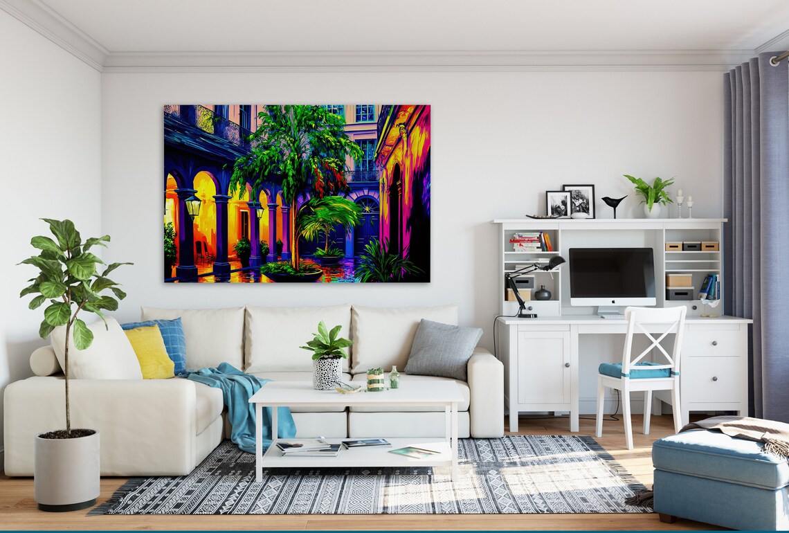 New Orleans French Quarter Courtyard Night Colorful NOLA Travel Poster - Image 2