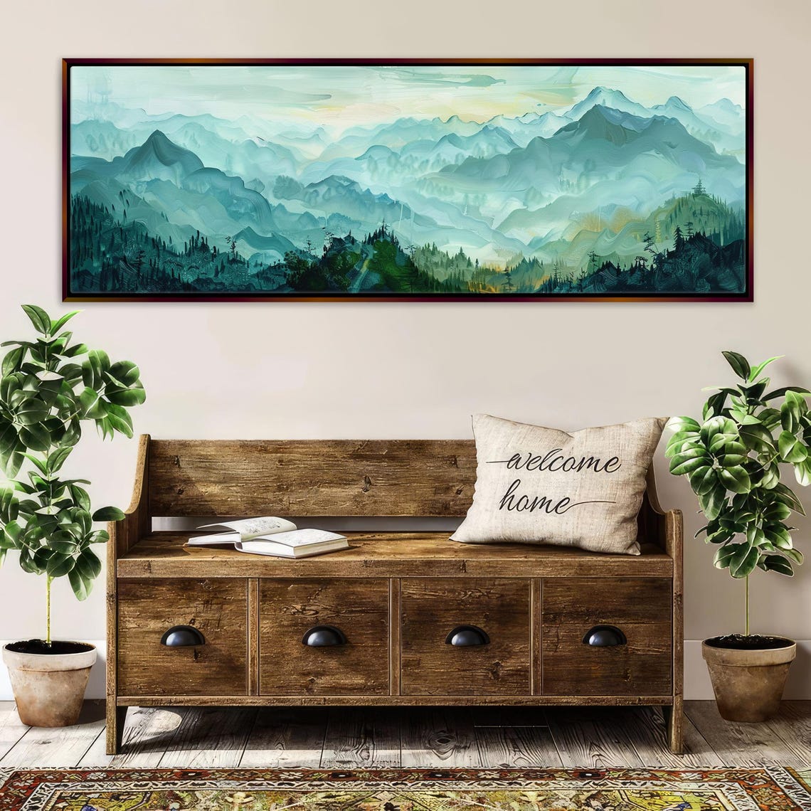 Misty Green Blue Mountain Ranges Soft Watercolor Panoramic Wall Art - Image 2