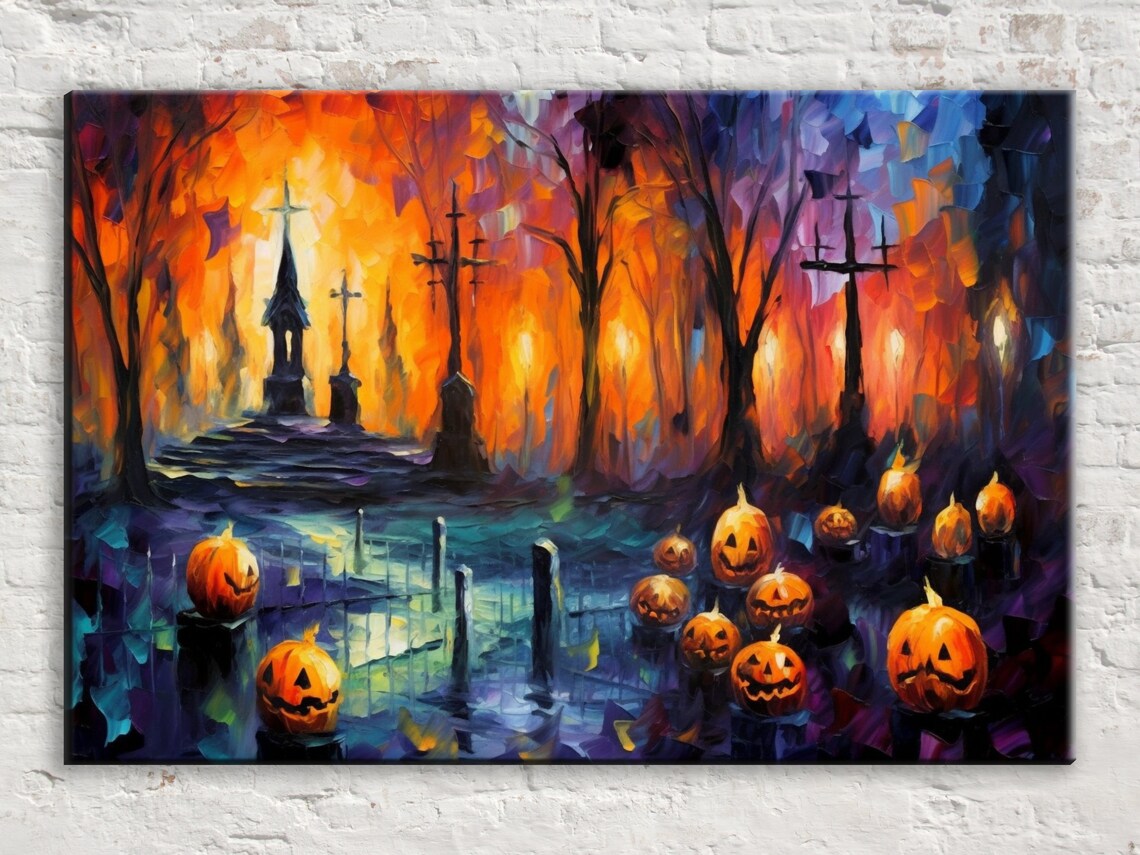 Spooky Halloween Graveyard Jack-O-Lanterns Oil Painting Style Art Print