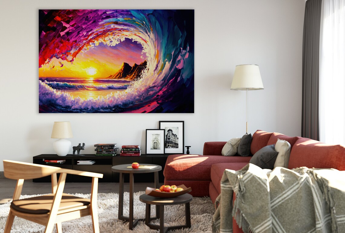Hawaii Ocean Wave Pipeline Surfer Art Print, Sunset - Image 2