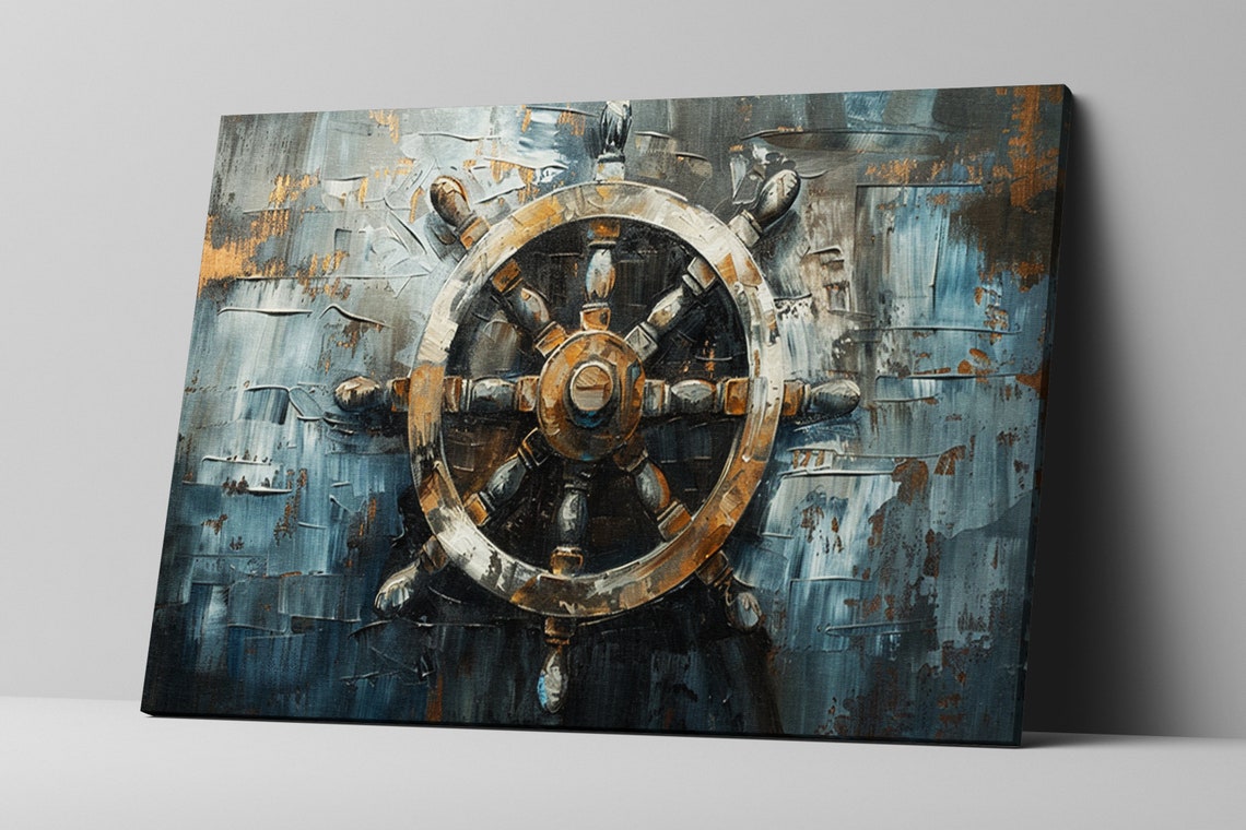 Antique Ships Wheel Blue Gray Gold Impasto Nautical Maritime Poster - Image 5