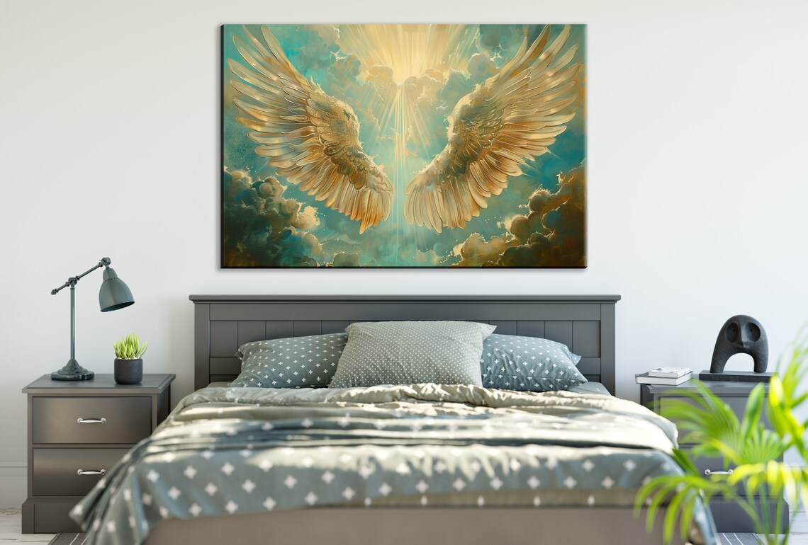 Golden Angel Wings Heavenly Sunbeam Teal Clouds Divine Art Poster - Image 3