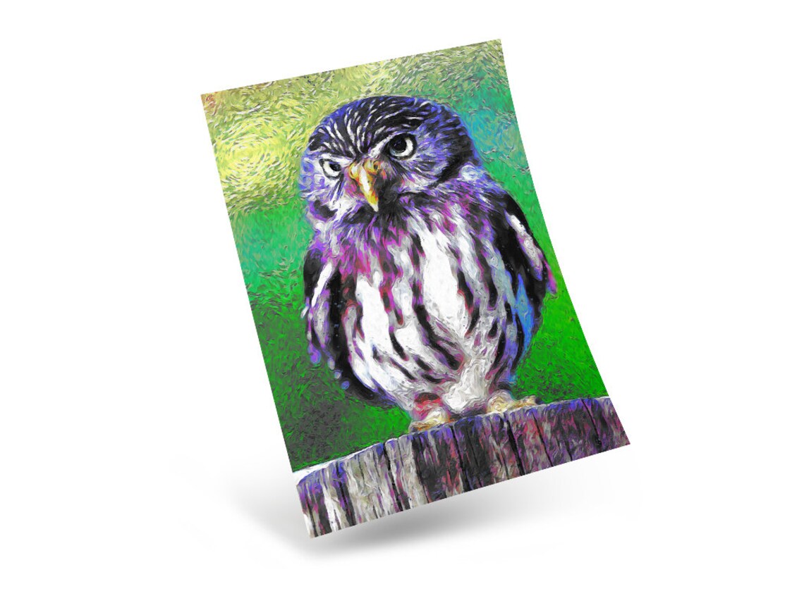 Owl Portrait Vibrant Purple Green Impressionist Wildlife Art Print - Image 2