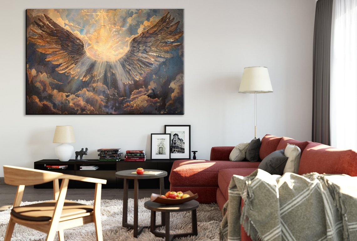 Dramatic Angel Wings Golden Light Burst Celestial Cloud Art Poster - Image 3
