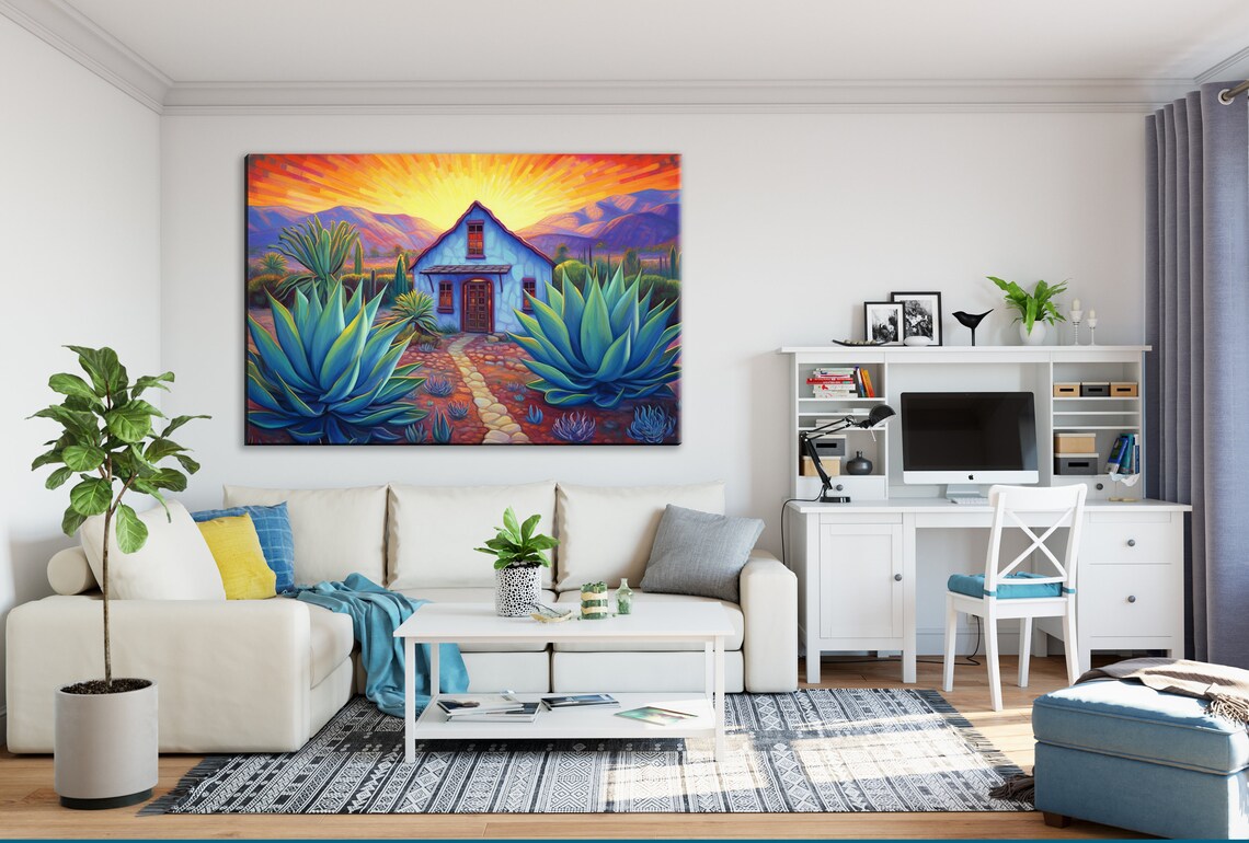 Desert Serenity in Blue, Adobe and Agave Art Print - Image 2
