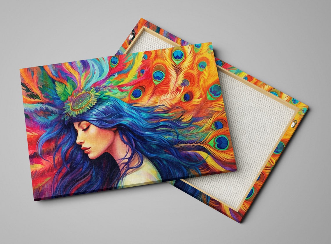 Colorful Woman with Peacock Feather Headpiece Blue Hair Art Poster - Image 4