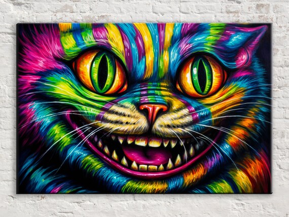 Neon Rainbow Cheshire Cat Grinning Face Psychedelic Wonderland Art Poster