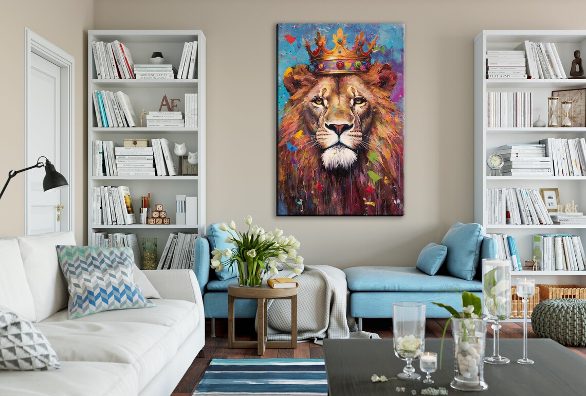 Golden Crown Lion Portrait Colorful Paint Drip Majesty Poster - Image 2