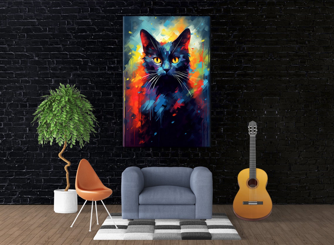 Black Cat Portrait Golden Eyes Fiery Background Mystical Poster - Image 3