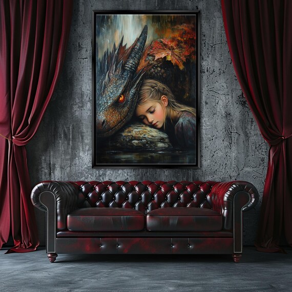 Fantasy Art Of A Girl And Her Dragon Print Framed Or Unframed Gallery Wrapped Gicle Ready To Hang Extra Large Wall Art