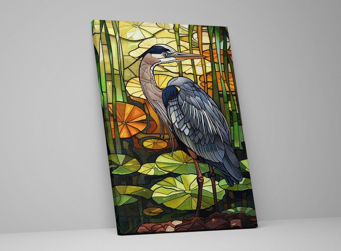 Blue Heron Stained Glass Marsh Lily Pads Leaded Glass Art Poster - Image 5