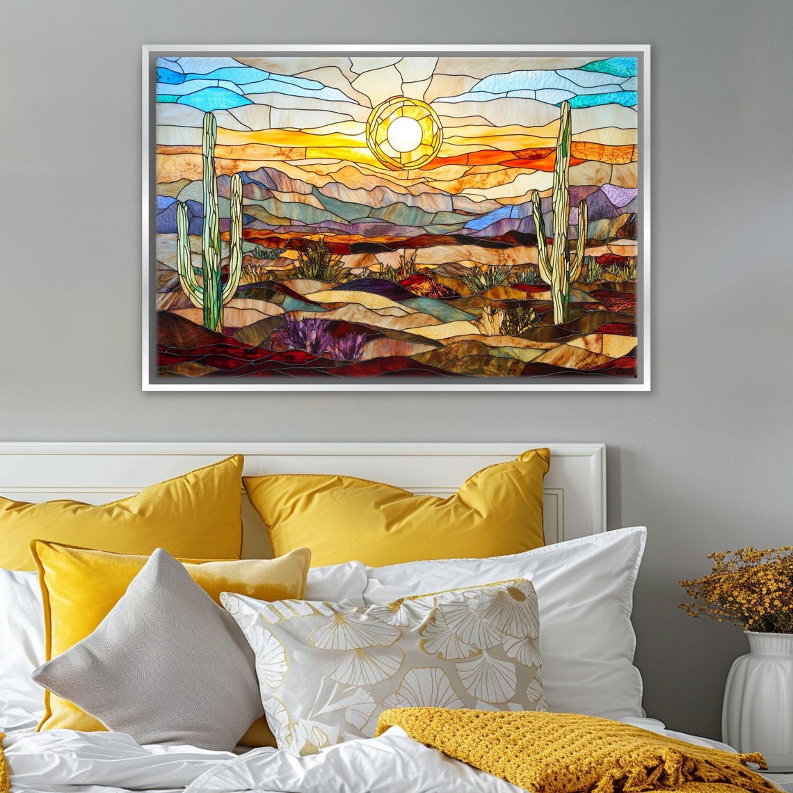 Stained Glass Desert Valley Sunrise Saguaro Cacti Horizontal Art