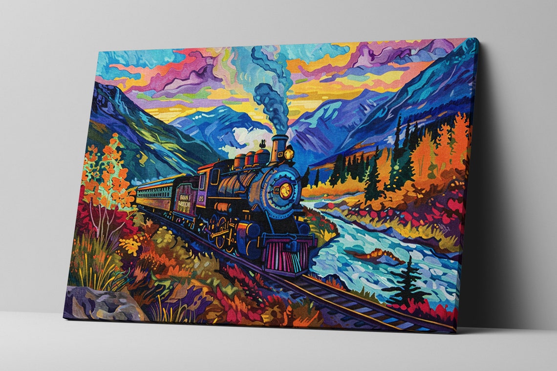 Steam Train River Canyon Autumn Sunset Pop Art Locomotive Poster - Image 4