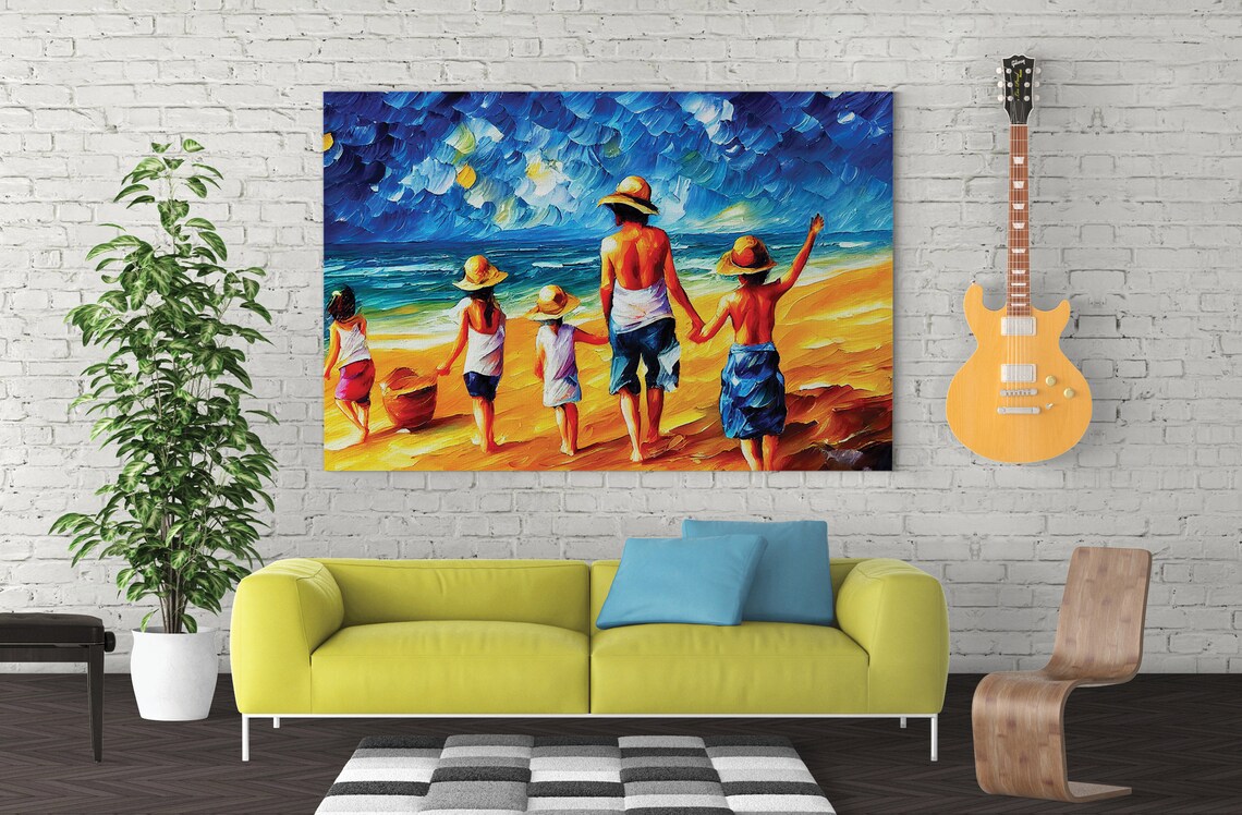 Family Walking Beach Golden Ocean Waves Colorful Impasto Art Poster - Image 3