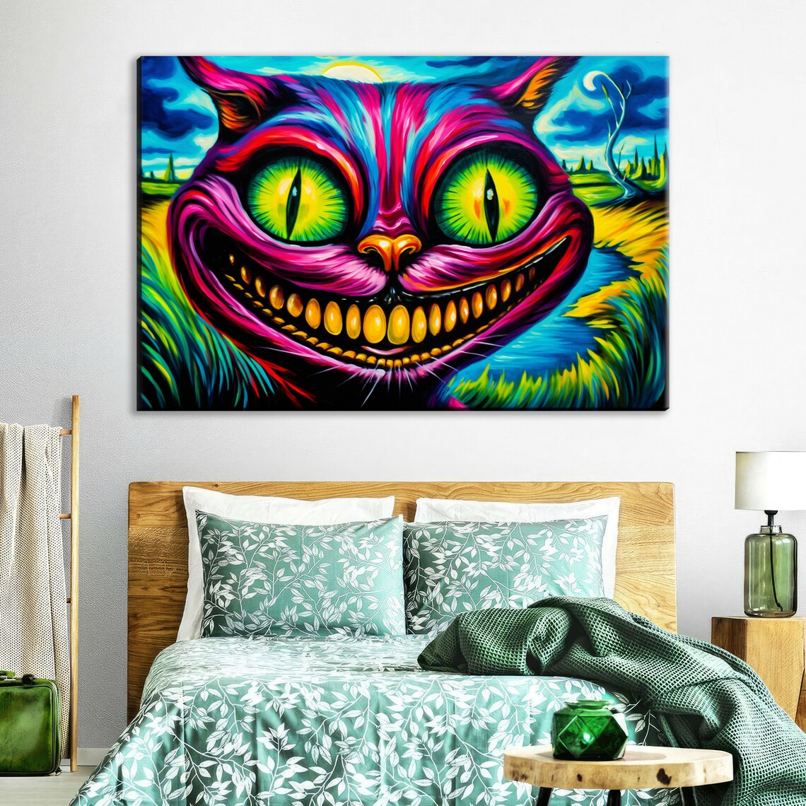 Psychedelic Cheshire Cat Huge Green Eyes Toothy Grin Surreal Art Wall Poster - Image 3