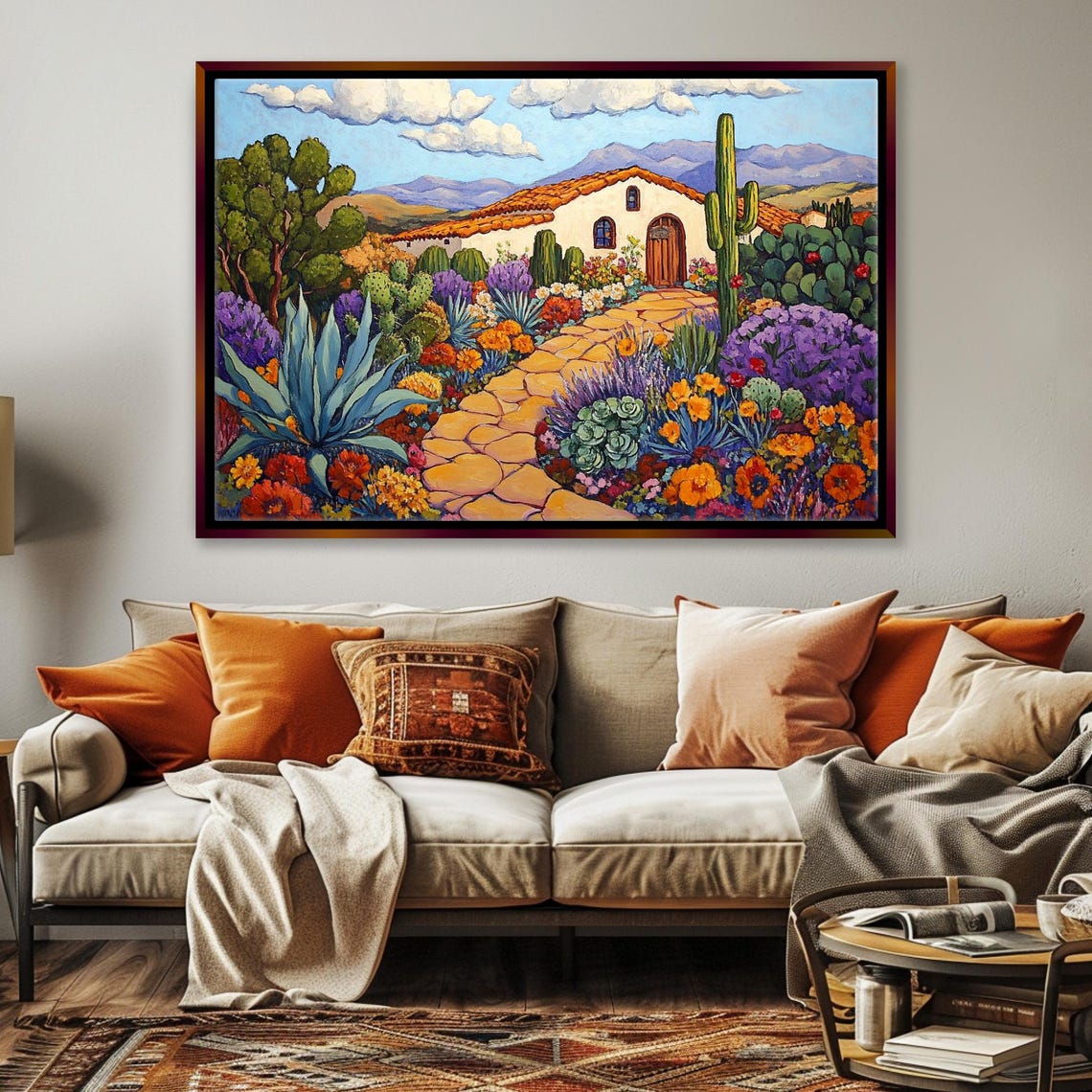 Southwest Desert Adobe House Cactus Garden Colorful Folk Art Poster