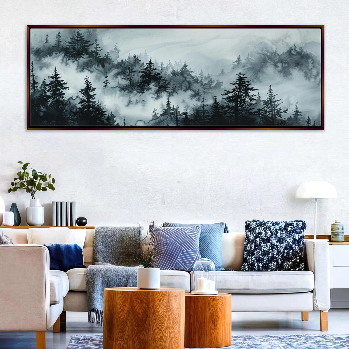Grayscale Foggy Mountain Panoramic Framed Or Unframed Long Horizontal Gallery Wrapped Gicle Ready To Hang Extra Large Wall Art - Image 5