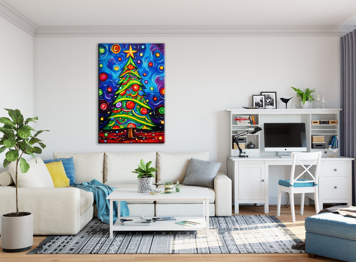 Chromatic Festive Christmas Tree Rainbow Swirl Starry Night Art Poster - Image 4