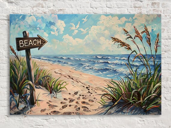 Beach Sign Post Sandy Dunes Seagulls Ocean Waves Coastal Poster