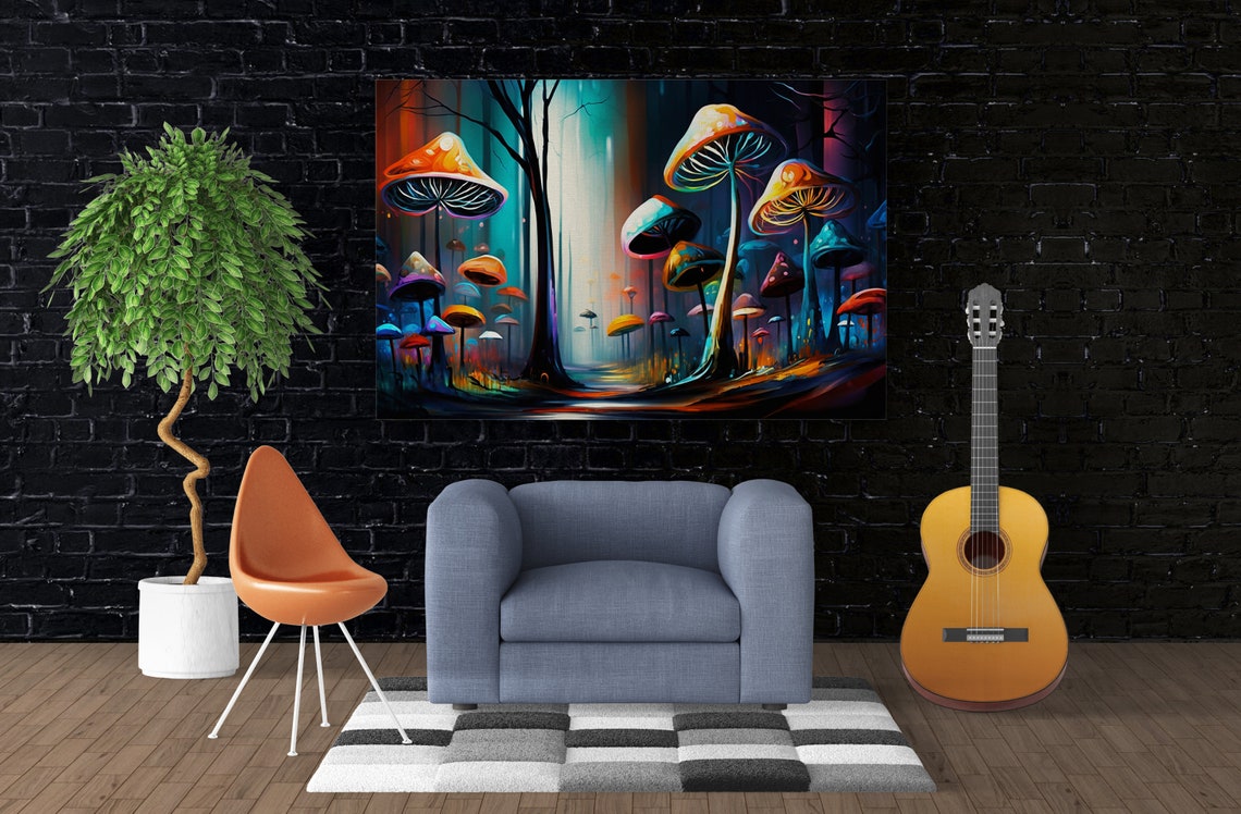 Enchanted Mushroom Forest Path Glowing Caps Magical Night Art Poster - Image 3