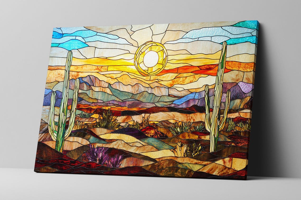 Stained Glass Desert Valley Sunrise Saguaro Cacti Horizontal Art - Image 2