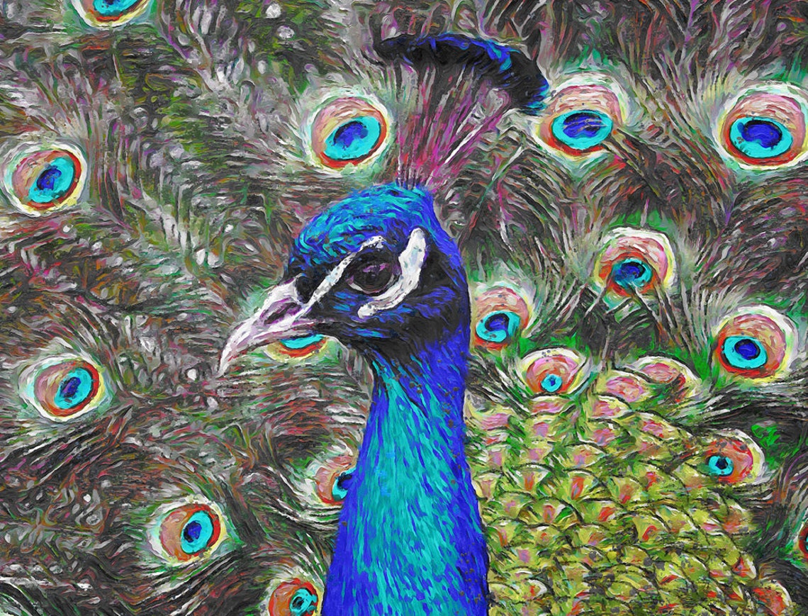 Peacock Fanned Tail Feathers Exotic Bird Painterly Wildlife Art Print - Image 3