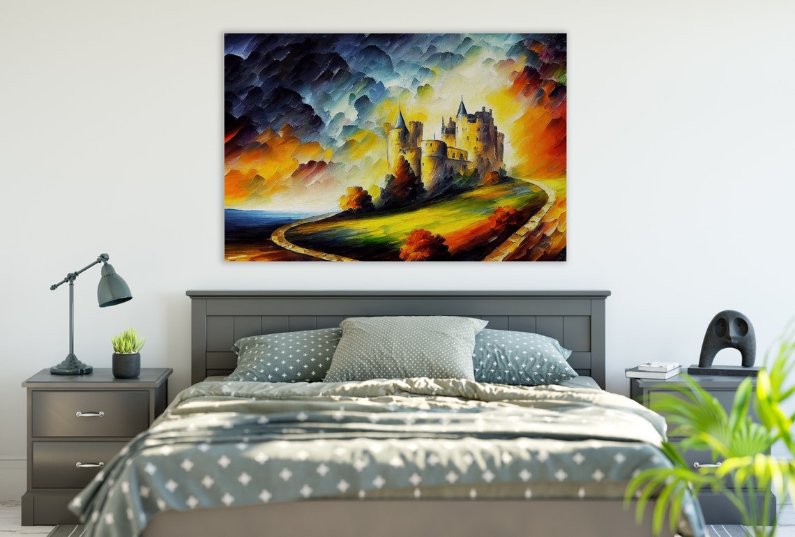Fantasy Castle Hilltop Golden Sunset Dramatic Clouds Art Poster - Image 3
