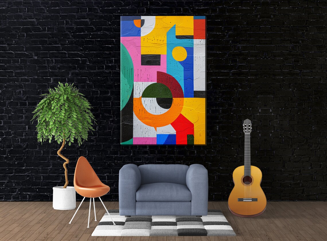 Bold Geometric Circles Squares Yellow Pink Blue Abstract Wall Art Poster - Image 2