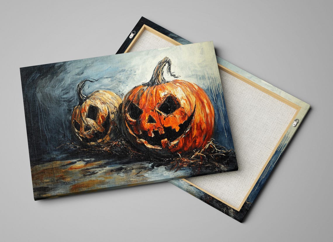 Spooky Jack O Lantern Pumpkins Dark Moody Halloween Night Wall Art - Image 2