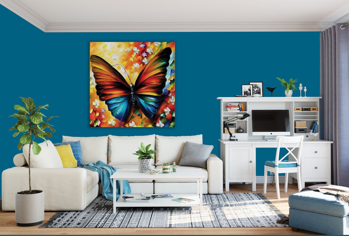 Butterfly Orange Blue Wings Floral Background Colorful Art Poster - Image 3