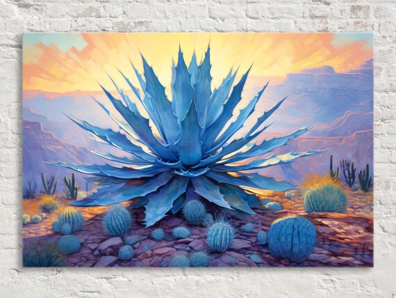 Vivid Blue Agave With Barrel Cacti Desert Art Southwest Sunset Giclee Print On Artist Extra Large Sizes