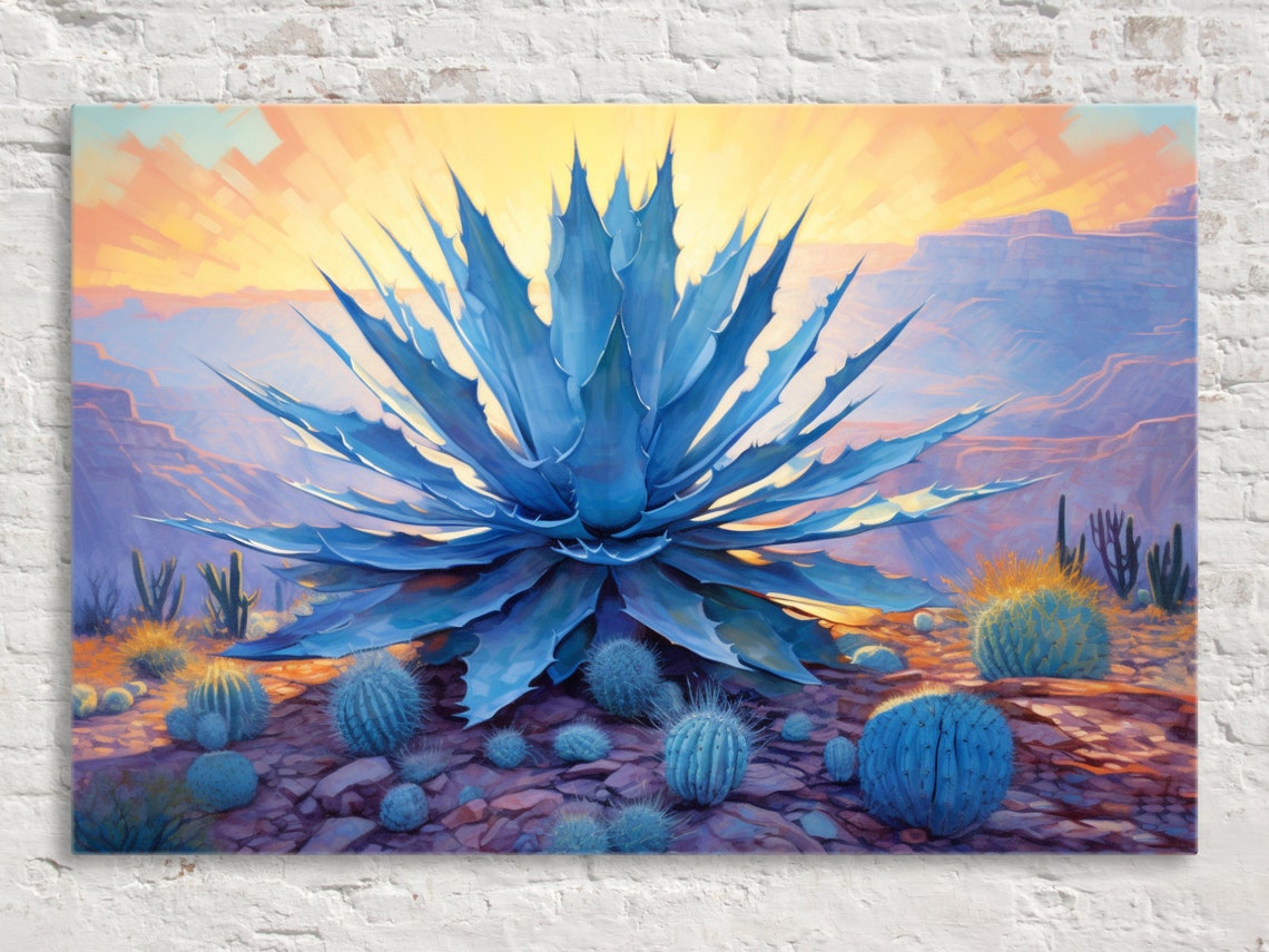 Blue Agave Desert Sunrise Barrel Cacti Southwest Scene Poster