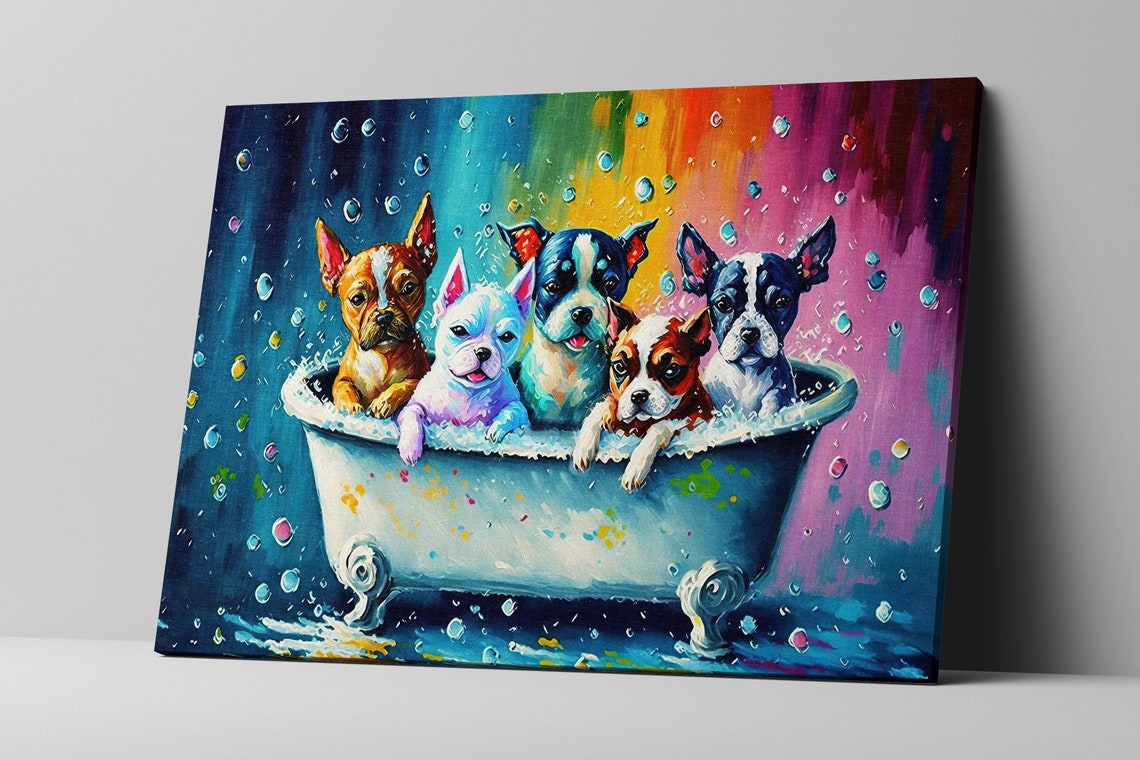 Five Cute Puppies in Bathtub Splash Playful Colorful Puppy Art Poster - Image 4