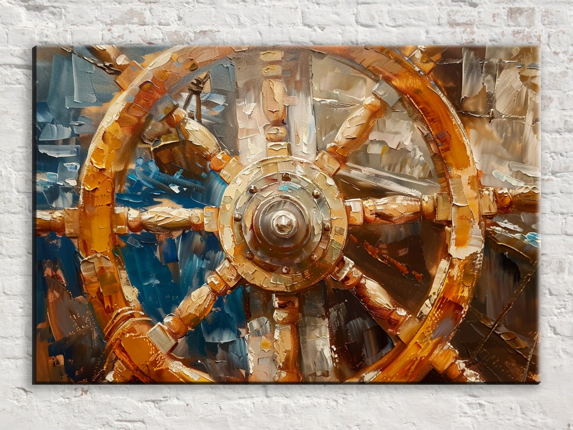 Golden Ships Wheel Close Up Deep Blue Nautical Maritime Wall Art