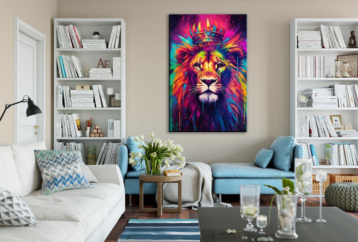 Neon Rainbow Lion King Crown Colorful Pop Art Splash Mane Poster - Image 3