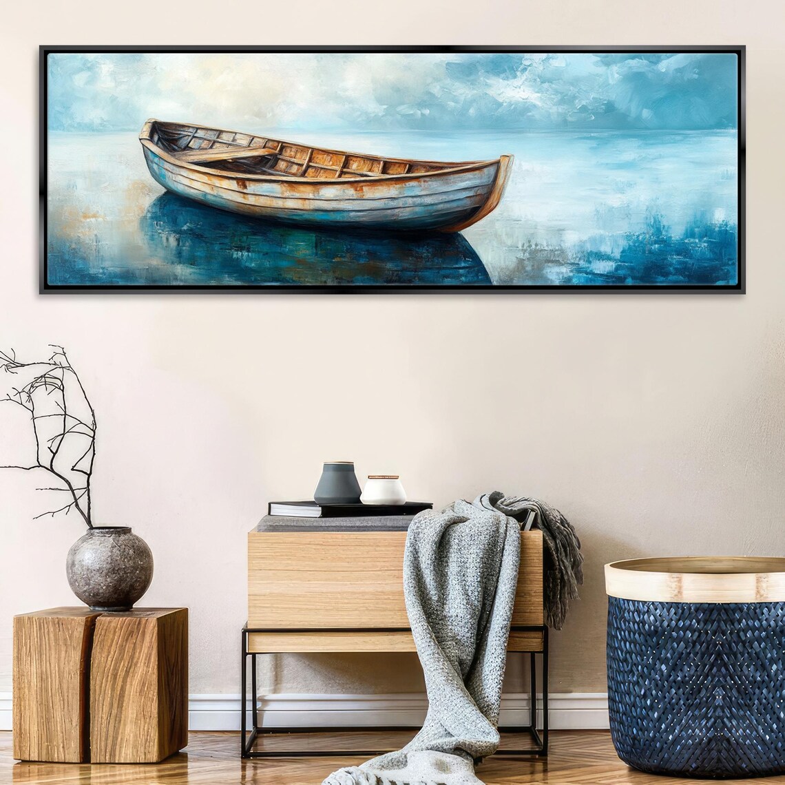 Vintage Wooden Boat Calm Blue Sea Serene Panoramic Coastal Horizontal Print