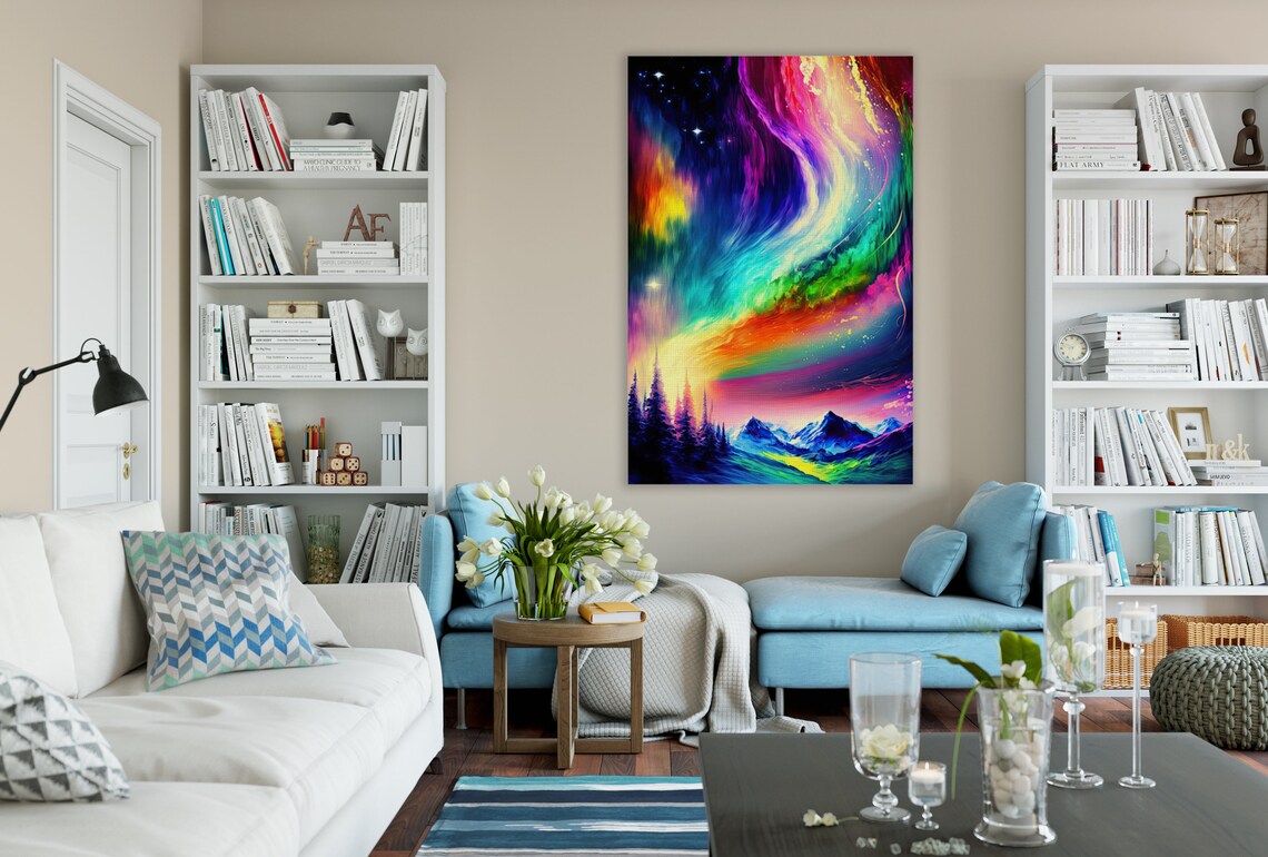 Vibrant Northern Lights Landscape, Night Scene Art Print - Image 2