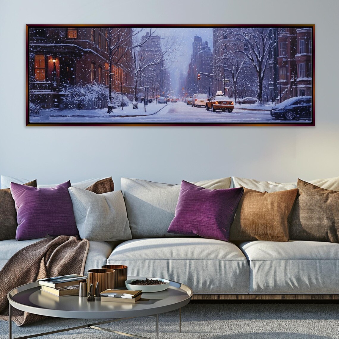 New York City Snowy Brownstone Street Yellow Taxi Night Lights Poster