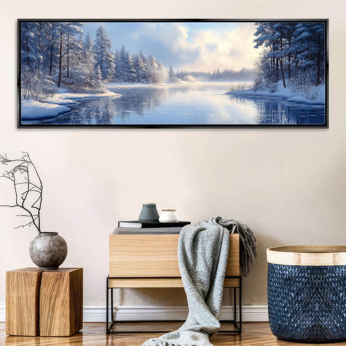 Serene Winter Lake Snowy Pines Still Water Soft Morning Sky Art Poster - Image 4
