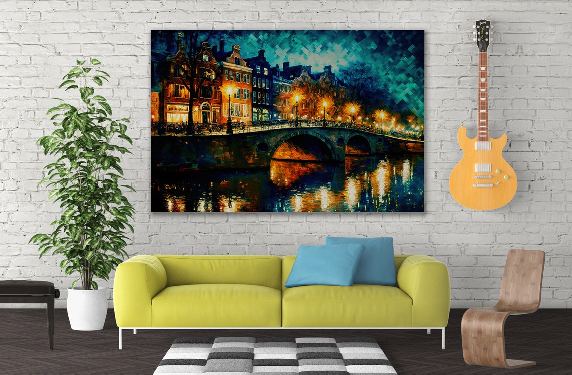 Amsterdam Canal Night Bridge Bikes Golden Lights Old Town Poster - Image 3