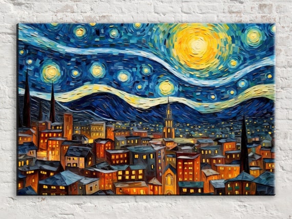 Modern Starry Night Wall Art Van Gogh Inspired Print Colorful Night Painting Large Wall Art
