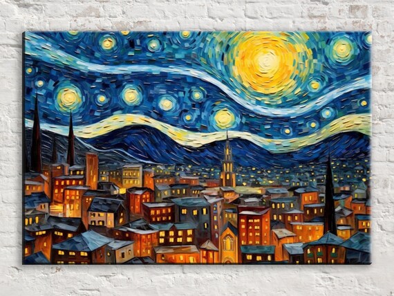Starry Night City Skyline Swirling Blue Yellow Van Gogh Style Poster