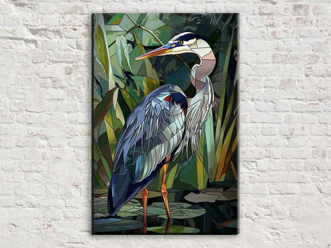 Great Blue Heron Stained Glass Green Reeds Wildlife Art Poster