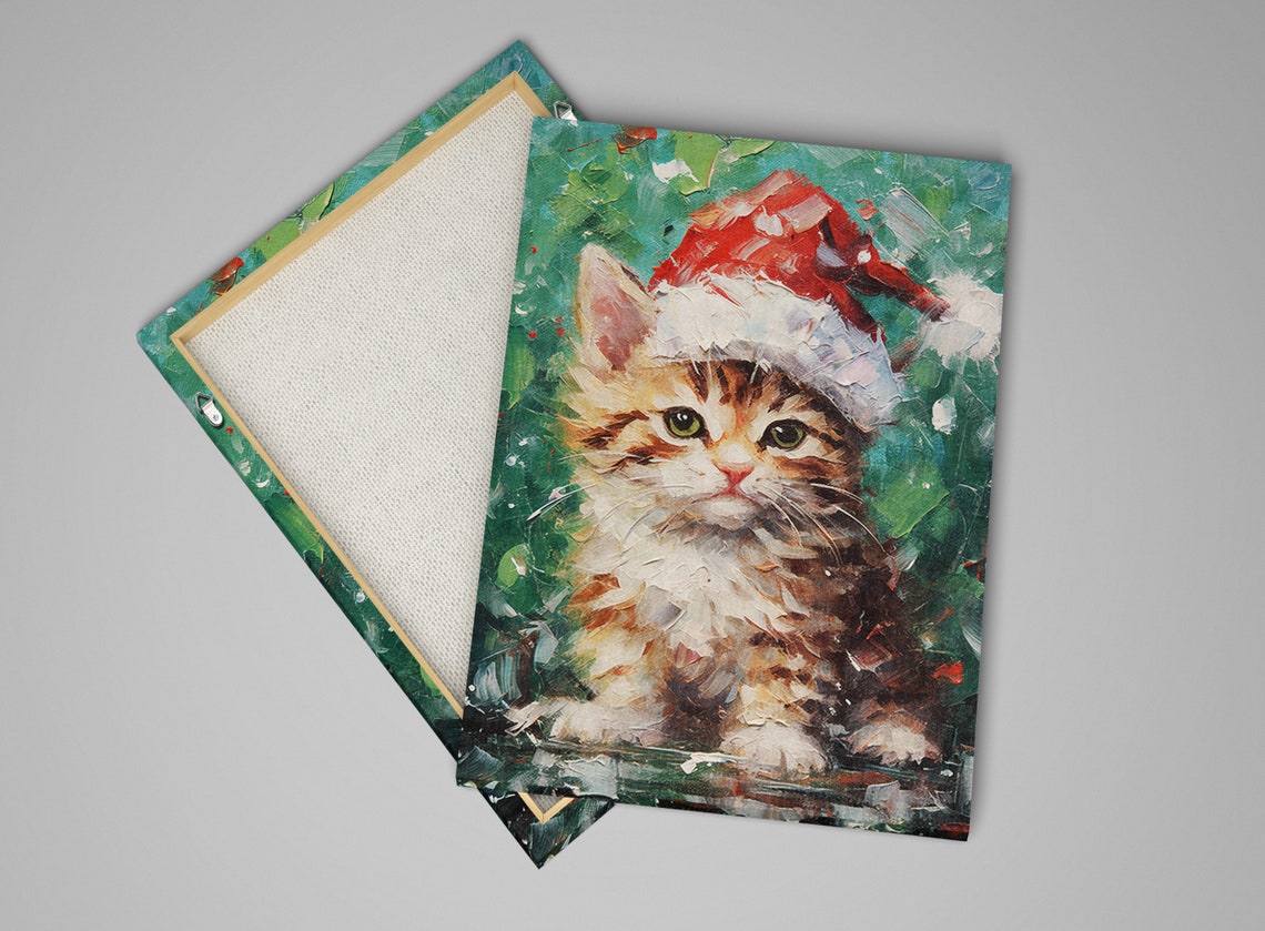 Cute Tabby Kitten In Santa Hat Painterly Christmas Cat Art Wall Poster - Image 5
